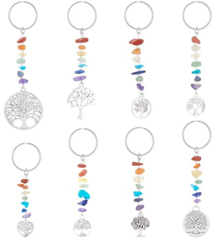 UNICRAFTALE 16 Stück Regenbogen 7 Chakra Edelsteinperlen Yoga Schlüsselanhänger, Legierungsanhänger, Tibetischer Stil, Baum des Lebens Ring, Steinanhänger