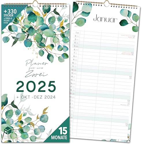 Paarplaner 2025 3 Spalten EUKALYPTUS Planer für Zwei 2025 und Okt-Dez 2024 Partnerkalender 16x32,5cm Paarkalender f. Paare 2025 Wandplaner 2 Personen STICKER Recycling Urlaub Blumen Floral