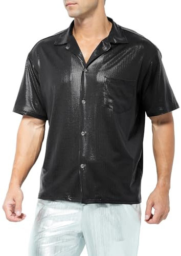 Casey Kevin Men's Short Sleeve Shirts Metallic Shiny Collared Nightclub Button Down Shirts CK3406 Black X-Large
