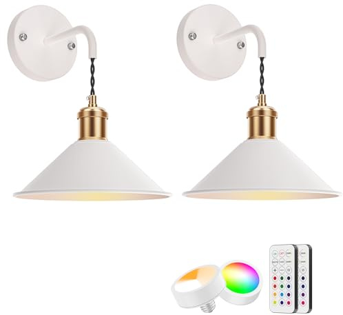 LABOREDUCER Lampada da parete per interni ed esterni, vintage, 2 pezzi, con telecomando, colore bianco, lampada da parete per interni, a batteria, senza fili, dimmerabile, per soggiorno, camera da