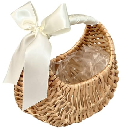 Gyrategirl Rattan geflochtener Korb mit Griff, Halbmond Weidengeflecht Blumenmädchen Korb für Hochzeiten, Stroh Retro Aufbewahrungskörbe für Regal Geburtstagsparty Home Decor Foto Requisiten