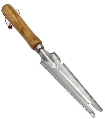 Voarge Manueller Unkrautstecher Holzgriff, Edelstahlkopf mit Maß Unkrautschneider, für Garten, Umstülpen, Umpflanzen, Unkraut jäten, Wurzel