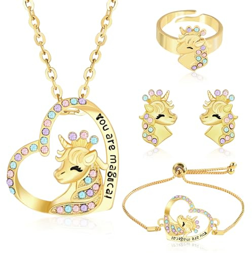 LXONTSG Ensemble de Bijoux Licorne pour Fille,4PCS Licorne Ensemble de Bijoux,Bijoux Enfants comprend collier, bagues, bracelets, boucles d'oreilles, Princesse Bijoux Habiller Jeu Anniversaire Cadeau