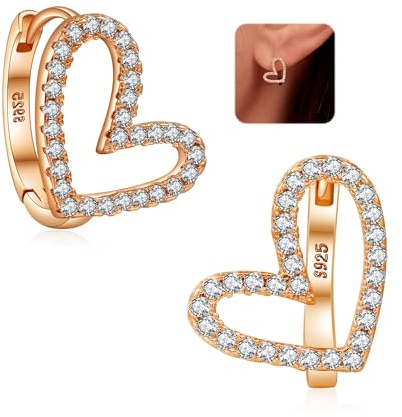 GEMAURA Herz Ohrringe Silber 925,Creolen Silber 925 Klein Hypoallergen 14 Karat Mini Creolen Gold mit Zirkonia Ohrringe Rosegold Herzform Schmuck für Damen Frauen