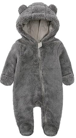 Alunsito Tuta invernale con cerniera per bambino Neonato Ragazzo Ragazza Orecchie da orso Felpa con cappuccio Pagliaccetto Pile invernale Tuta calda Abiti Marrone 12 9-12 mesi