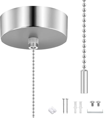 Bathroom Light Pull Cord and Fitting Kit, Pull Cord Light Switch Bathroom with 150cm Chain Kit, Shower Pull Cord Switch, Black Pull Cord Light Switch for Bathroom Chandeliers Accessories(Silvery)
