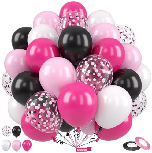 Saxuxu Ballons roses et noirs en latex avec confettis pour filles, anniversaire, fête prénatale, mariage, fête prénuptiale - 30,5 cm