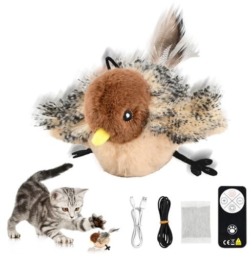 Mapille Katzenspielzeug Vogel Flattern mit Fernbedienung, Katzenminze, Automatische Katzen Spielsachen mit Vogelruf, Wiederaufladbar Interaktives Katzenspielzeug, Berührungsaktiviertes