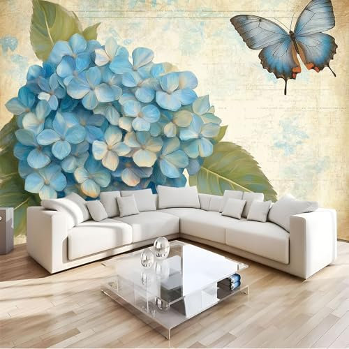 Fototapete 3D Effekt Dekoration, Hortensie Schmetterling Wandbild 450X315Cm (B×H) Seidentuch Tapete Wandtapeten, Vintage Wandbilder 220G/M2 Fototapete Moderne Panorama Wanddeko