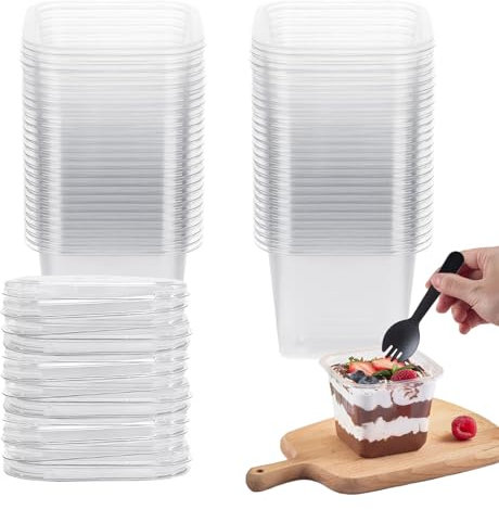 Dessert Cups with Lids - 50 Pack Plastic Dessert Pots with Spoons, Cheesecake Pots, 360ml/12oz Clear Cheesecake Cups with Lids, Reusable Square Parfait Cup for Pudding, Mousse, Ice Cream, Fruit