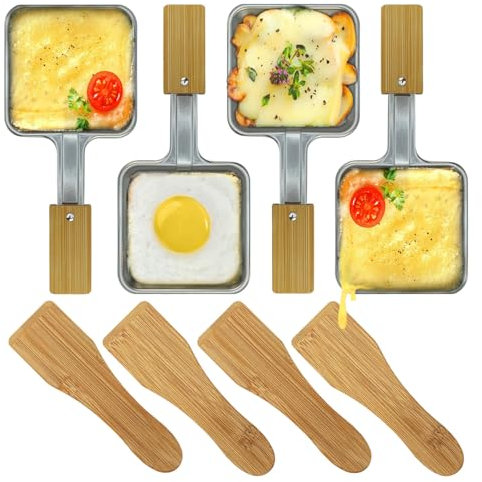 Kosmosta Stainless Steel Mini Raclette Grill Pan Square Shape No Coating Cheese Pan Raclette Replacement Mini Grill Pan with Bamboo Spatulas(4pcs/Set)