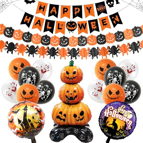 Halloween Deko Set Innen & Outdoor - Happy Grusel Girlande, Kürbisse und Spinnen Wimpelgirlande, Ballons mit Geistern und Kurbissen -Grusel Fotorequisiten für Halloween Kinder Party
