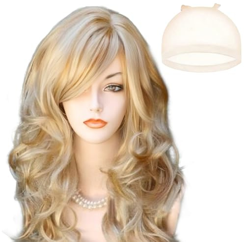 HTTDSLF Lange Gewellt Blonde Perücke, Lange Lockige Perücke mit Pony für Frauen, Lockige Volle Haar, Langhaarperücke Perücken Damen für Anime Cosplay Halloween Kostüm Party & Tägliches Outfit (Blond)