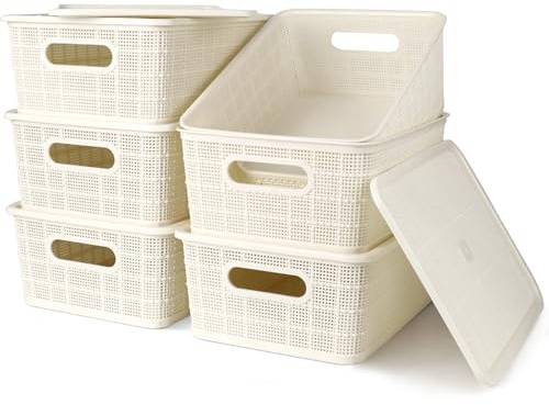 6 Pack White Plastic Storage Baskets with Lids, Rattan, 24.5x18.5x9.5cm | Small Lidded Storage Boxes, Stackable Woven Organiser Bins for Bathroom Cabinet Kitchen Closet Shelf Tidy