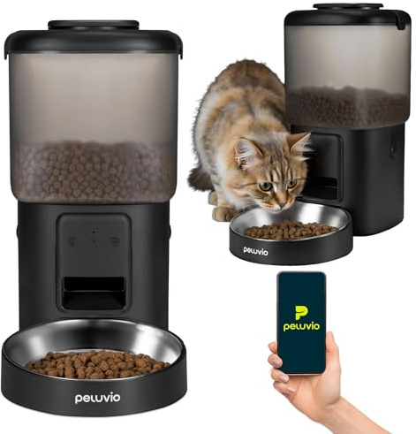 Peluvio Crispy Wi-Fi Katzenfutterautomat mit App und WLAN, Portionskontrolle und Timer, Edelstahl-Napf, Batterie-Backup, 4,5 l Behälter, Feuchtigkeitsabsorber, 2,5 m USB-C Kabel mit Anti-Biss-Schutz