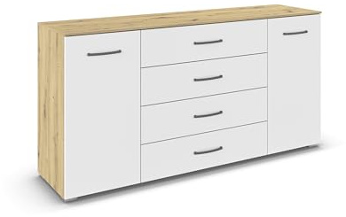 Rauch Möbel ADITIO, Kommode, Farbe Weiß/Eiche Artisan, Breite 160 cm | Sideboard im zeitlosen Stil, 2-türig, 4 Schubladen, Soft-Close-Funktion, für Schlafzimmer, Gästezimmer, Wohnzimmer, Flur