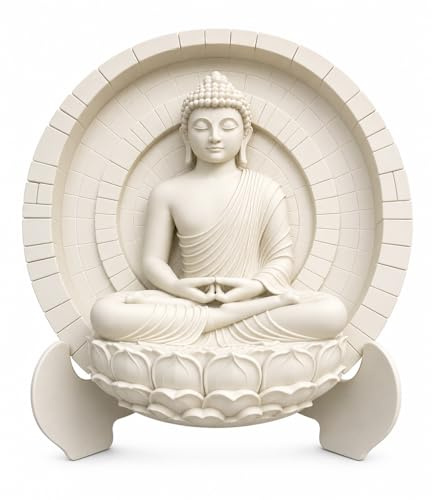Genérico Dekorative Buddha-Figur, 20 cm mit Sockel – Statue Buddha Zen Meditation in Position Lotus, Lotusblume und Halo Mandala – Dekoration für Haus, Büro, Yoga-Raum, spirituelles Geschenk