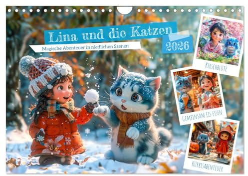 Lina und die Katzen - Magische Abenteuer in niedlichen Szenen (Wandkalender 2026 DIN A4 quer), CALVENDO Monatskalender: Kleine Heldin und Ihre blauen Katzenfreunde - Magische Momente (CALVENDO Spass)