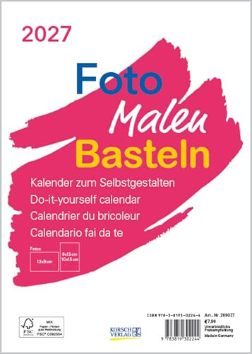 Foto-Malen-Basteln Bastelkalender A5 weiß 2027: Fotokalender zum Selbstgestalten. Aufstellbarer do-it-yourself Kalender mit festem Fotokarton.