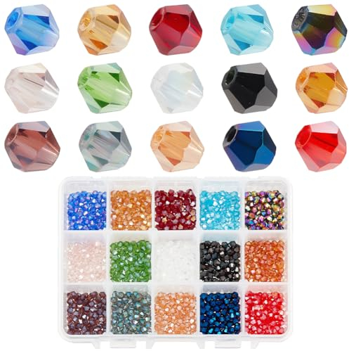 PandaHall Elite 1350 Pcs Cuentas Cristal, Cuentas Bisutería Abalorio Coloridas Joyería DIY Pulsera Collar Pendientes 15 Colores Mxitos, Facetado, 4x4 mm, Agujero: 1 mm