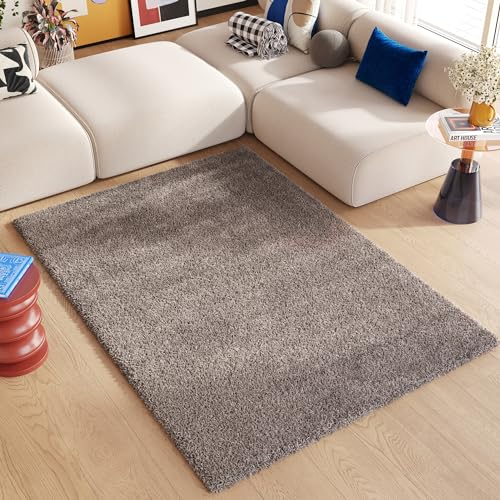 TAPISO Essence Teppich Hochflor Langflor Shaggy Dunkelgrau Taupe Rechteckig Super Weich Felloptik Schlafzimmer Wohnzimmer ÖKO-TEX 300 x 400 cm