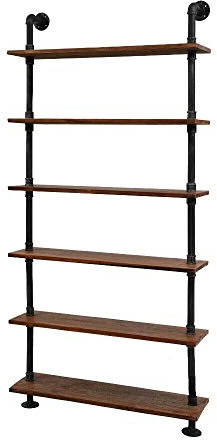 Diwhy Industrielle Rohrregale, rustikales modernes Holzleiter-Bücherregal mit Metallrahmen, Rohr-Wandregal, Holzaufbewahrung, Heimdekoration, Retro-schwebendes Holzregal, 6-lagiges Bücherregal