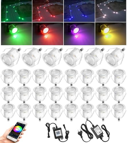 30er RGB Led Bodeneinbauleuchten Aussen, WIFI/Bluetooth Ø30mm Mini Spots Terrasse, 12V 0.5W IP67 Wasserdicht Bodeneinbaustrahler Led Terassenbeleuchtung Bodenspots für Terrasse Garten Küche