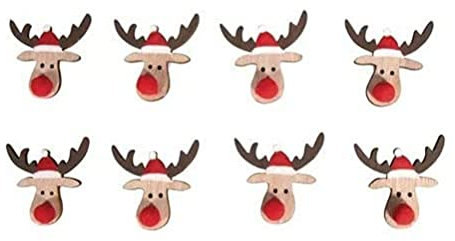 Rayher Holz-Streuteile Weihnachtselch, 3,8 x 3,5 cm, Beutel 9 Stück, mit Klebepunkt, rot/weiß/braun bemalt, Tischstreuer, Streudeko Weihnachten, 46614999