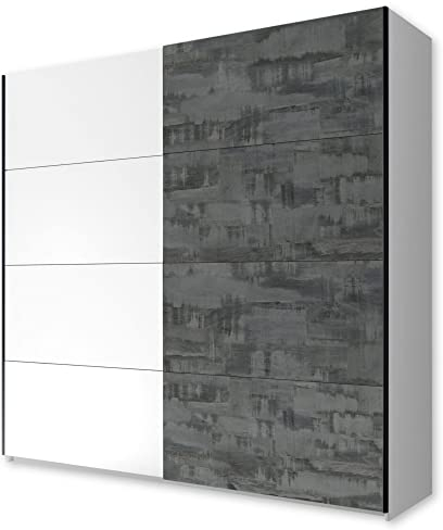 Stella Trading Eleganter Kleiderschrank mit viel Stauraum - Vielseitiger Schiebetürenschrank in Weiß, Interstellar - 215 x 210 x 60 cm (B/H/T)