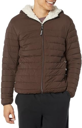 Calvin Klein Men's Mid-Weight Sherpa Lined Puffer Jacket, Hooded Down Brown Camel, S