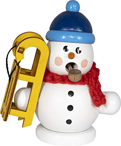 Räuchermann Schneemann weiß mit Schlitten original Erzgebirge I Räucherfigur aus Holz I Höhe 8 cm I Weihnachtsdeko I schöne Geschenkidee I Dekoration innen I Weihnachten I Räuchermännchen