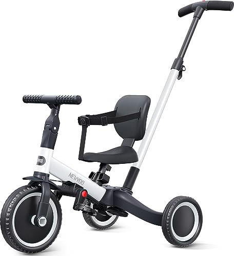 newyoo 5 in 1 Laufrad Dreirad, Dreirad ab 1 Jahr mit Schubstange, Kinderdreirad für Kinder ab 1 Jahr bis 3 Jahre, Fahrrad Kinder up to 25Kg inkl. Abnehmbaren Pedale und Verstellbarer Sitz,Weiß