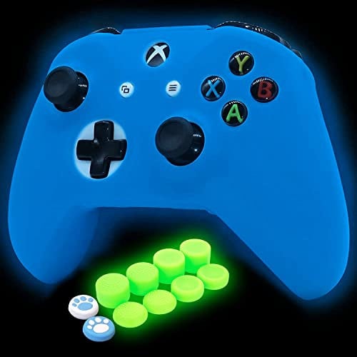 HLRAO Cover in silicone blu per controller Xbox One S glow in the dark Proteggi custodia in gomma morbida antiscivolo con cappucci per impugnature per pollice 8 FPS + 2 graziosi cappucci per zampe.
