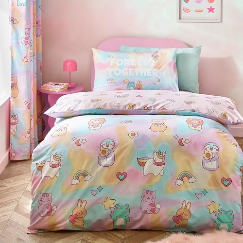 Catherine Lansfield Kids Forever Together Reversible Single Duvet Cover Set with Pillowcase Pastel