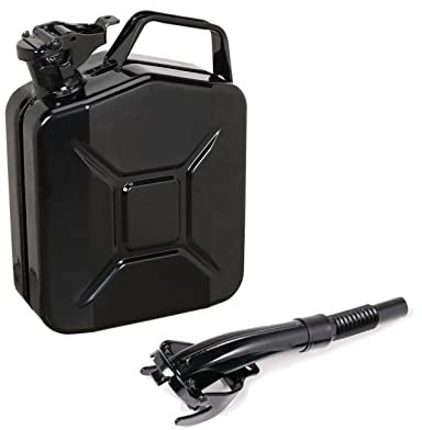 BLACK 5L Metal Jerry Can + Black Spout - for Gardening Lawnmower Strimmer etc. Fuel Petrol Diesel etc