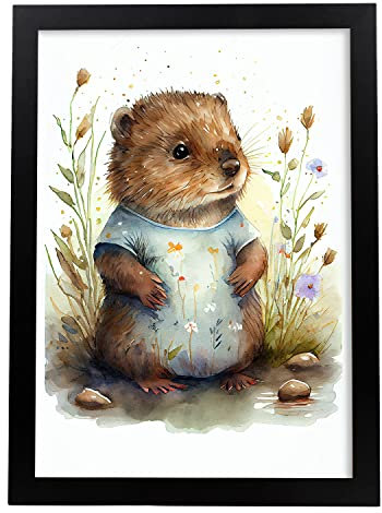 Nacnic Biber Poster im Aquarellstil. Illustrationen von niedlichen Tierbabys auf weißen Hintergründen für Kinderzimmer. Innenarchitektur und Dekoration. A4.