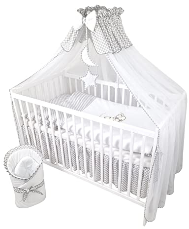 Bello24 - 13 Teiliges Babybett Kinderbett und Bettwäsche komplett Set Timmi inkl. Matratze höhenverstellbar für Neugeborene Babys und Kleinkinder aus Massivholz (Grau - Teddybär Mond)