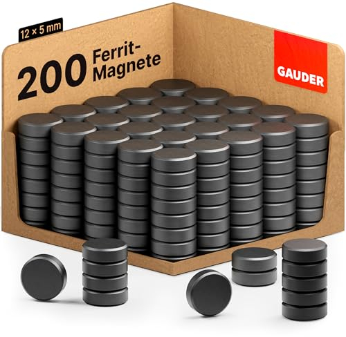 GAUDER Magnete für Magnettafel (200 Stück | 12 x 5 mm) | Starke Tafelmagnete für Whiteboard, Pinnwand, Kühlschrank & Büro | Runde, schwarze Kühlschrankmagnete mit hoher Haftkraft