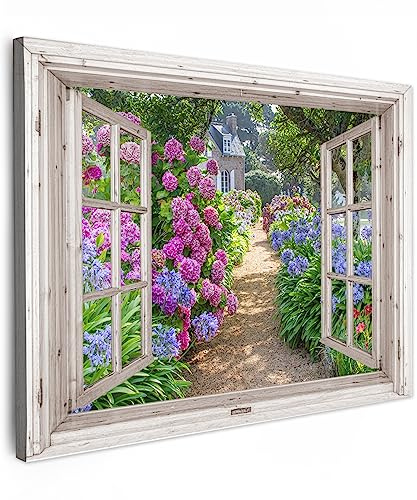 MuchoWow© Wandbilder 80x60 cm Schlafzimmer Home Deko Wohnung Bild Wohnzimmer Fotoleinwand Wand Bilder Leinwand Wall Decor Hortensie - Fensterblick - Blumen - Sommer - Lila - Weg