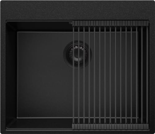 Fregadero Cocina Todo Negro 58x50cm, Fregadero Granito 1 Seno + Sifón + Enrollable Escurridor, Fregadero sobre encimera al mueble 60cm - Oslo Top de Primagran