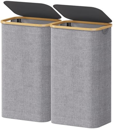 Lifewit 2 Pack 100L Laundry Basket with Lid, Clothes Hampers for Laundry with Bamboo Handles and A Removable Laundry Bag, Large Foldable Laundry Hamper for Bedroom, Bathroom, Dorm, Light Grey