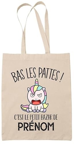 Planetee Tote bag Beige prénom personnalisable bas les pattes | Sac Cabas en toile à personnaliser Prénom Surnom Nom de Famille Anniversaire Noël