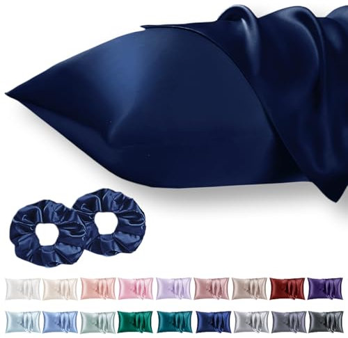 Vielit Lot de 2 Taies Oreiller Satin 50x75cm pour Les Cheveux et La Peau, Plus Douces Que Les Taies d Oreiller en Soie, Marine Bleu Enveloppe et 2 chouchous