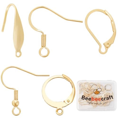Beebeecraft 5 Styles 50Pcs Earring Hooks Set 24K Gold Plated Brass & Stainless Steel Leverback Earring Findings for Earrings Jewelry Making