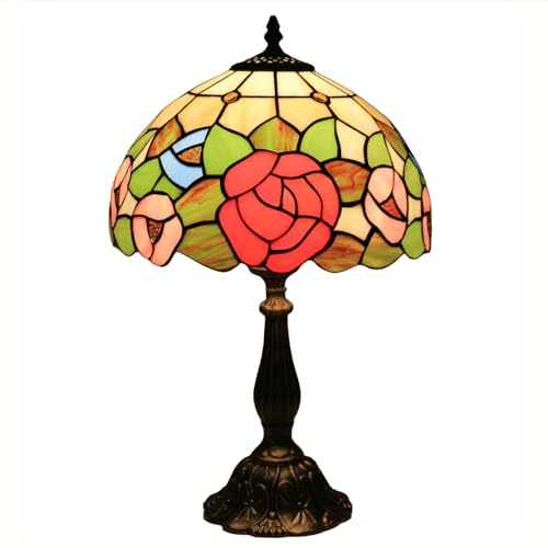 FUMAT Tiffany Tischlampe, 12 Zoll Retro Lampe, Vintage Nachttischlampe, Deko Tischleuchte, Handcraft Bunte Glas Lampenschirm, Rote Rose Muster, Mit E27 LED Glühbirne, für Schlafzimmer Wohnzimmer Büro