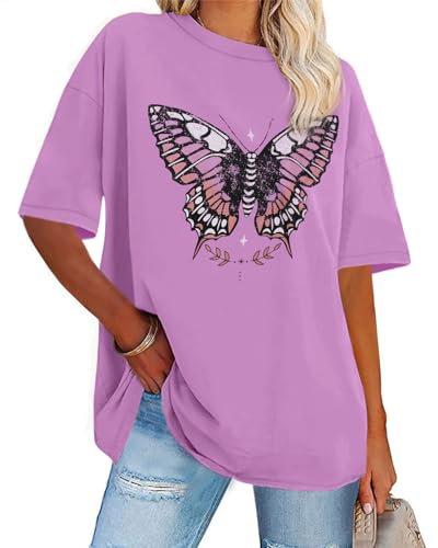 Gosunny Camiseta de verano para mujer, manga corta, holgada, cuello redondo, parte superior informal, Mariposa lila., M