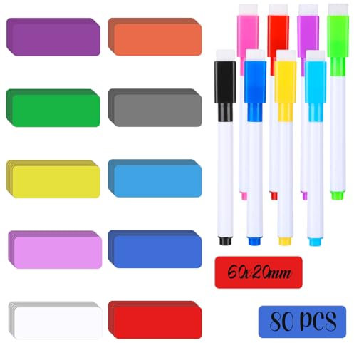 Yamitora Magnetstreifen Beschreibbar, 80 Stück (6x2 cm)+8 Marker Mit Magneten, Wiederbeschreibbar, Beschreibbare Magnete Für Whiteboard, Kanban, Magnettafel Beschriftbare Kühlschrank