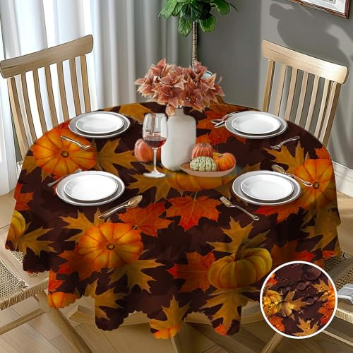 Herbst Tischdecke Rund 150 cm Abwaschbar Kürbis Tischdecke Fleckschutz Pflegeleicht Wasserdicht Tischtuch aus Polyester Tischdecken für Küche, Esstisch, Couchtisch, Party, Garten