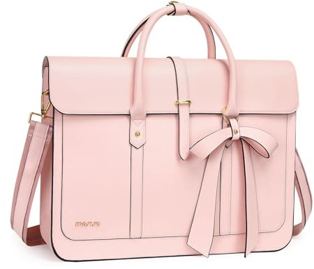 MOSISO Laptop Bag for Women, 13-14 inch PU Leather Laptop Shoulder Bag Convertible Backpack, 13.3 inch Messenger Bag Casual Handbag Work Briefcase Travel Computer Bag with Bowknot, Pink