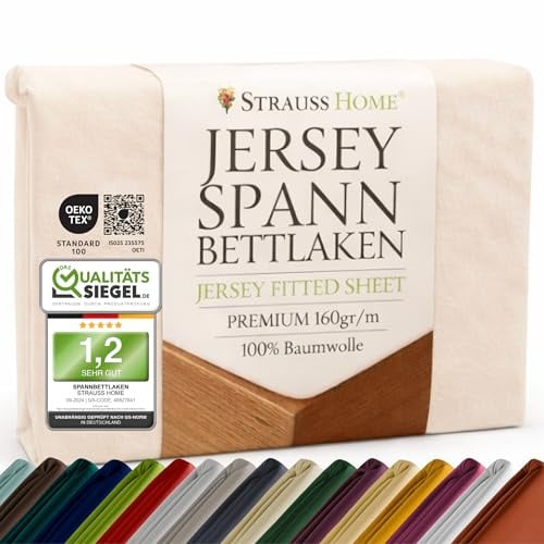Strauss Home Premium Spannbettlaken Jersey 140x220-160x220 cm - 160 g/m² 100% gekämmte Baumwolle, 40 cm Steg, Oeko-TEX - für Boxspringbett & Wasserbett - Champagner